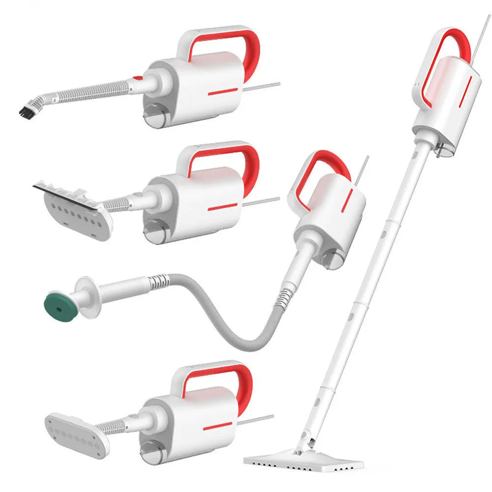 Deerma DEM-ZQ610 white steam cleaner main unit with brush heads, glass scraper, and mop attachments on a table.