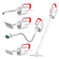 Deerma DEM-ZQ610 white steam cleaner main unit with brush heads, glass scraper, and mop attachments on a table.