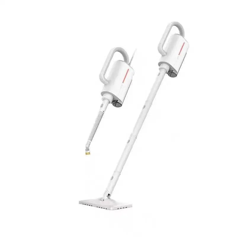 Deerma DEM-ZQ610 white steam cleaner main unit with brush heads, glass scraper, and mop attachments on a table.