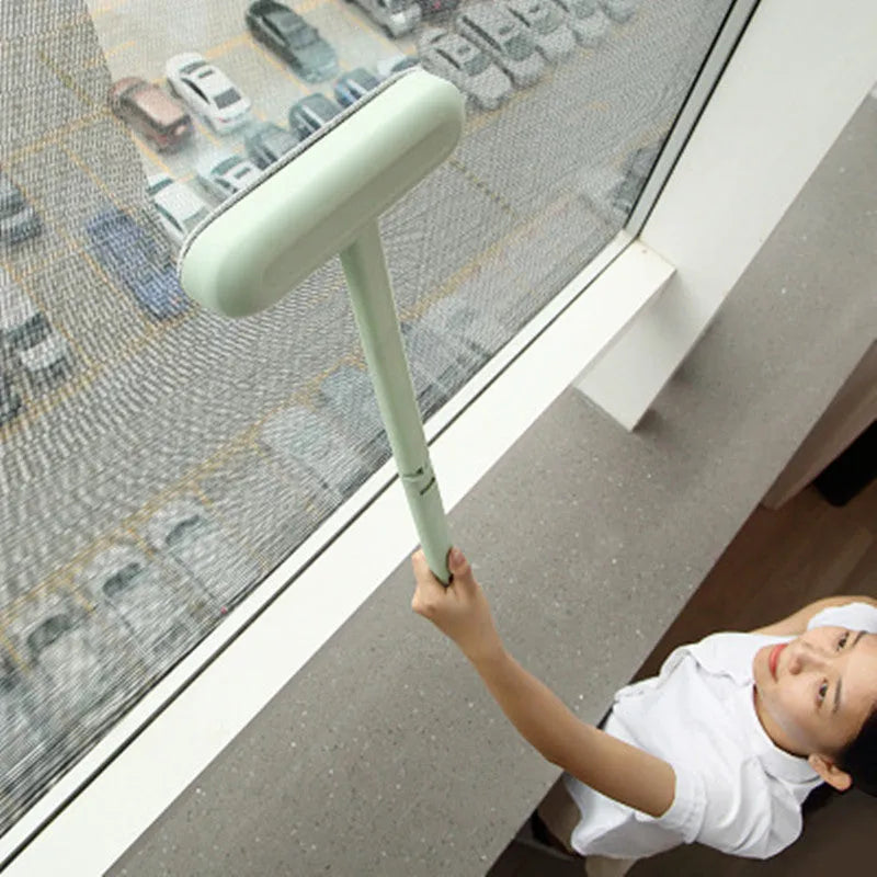 Household long-handled plastic screen window cleaning brush with double-sided wipe head in white, pink, and green, 52x20cm