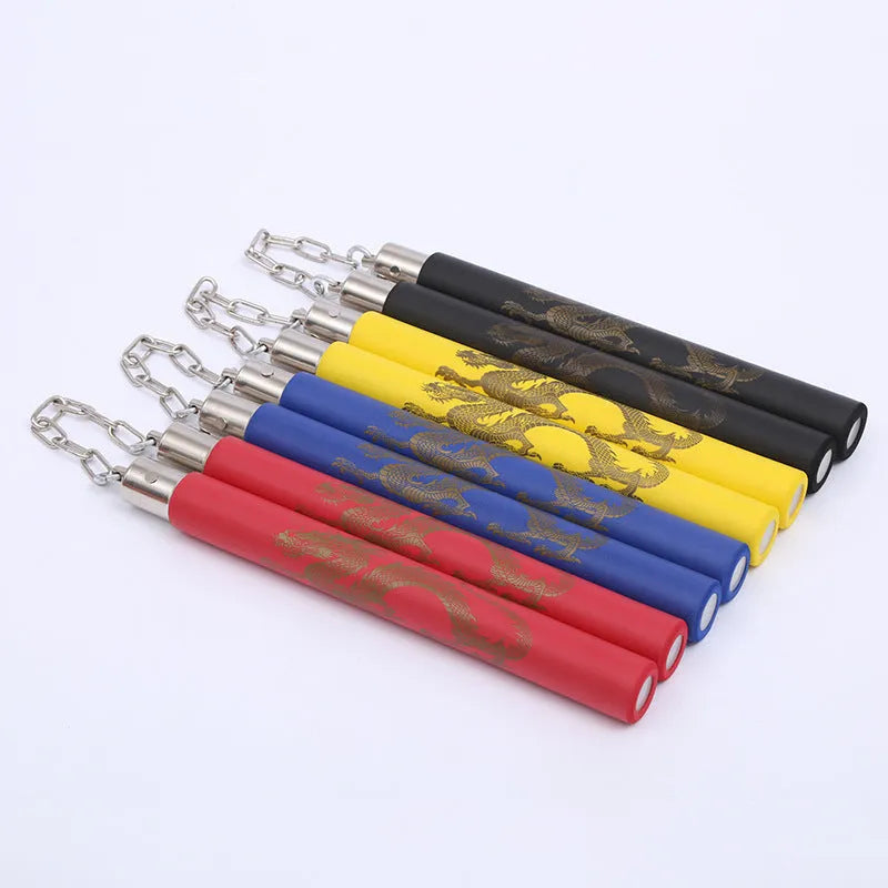 Sponge training nunchakus with red foam sticks connected by iron chain for martial arts practice