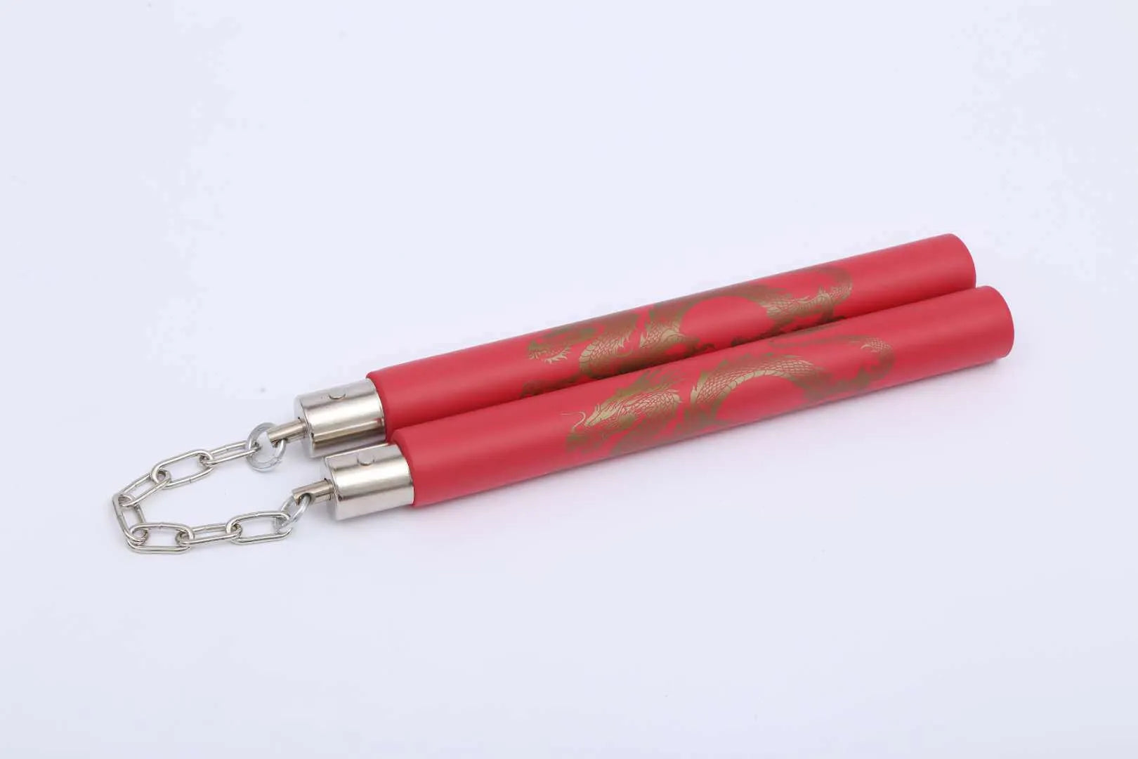 Sponge training nunchakus with red foam sticks connected by iron chain for martial arts practice