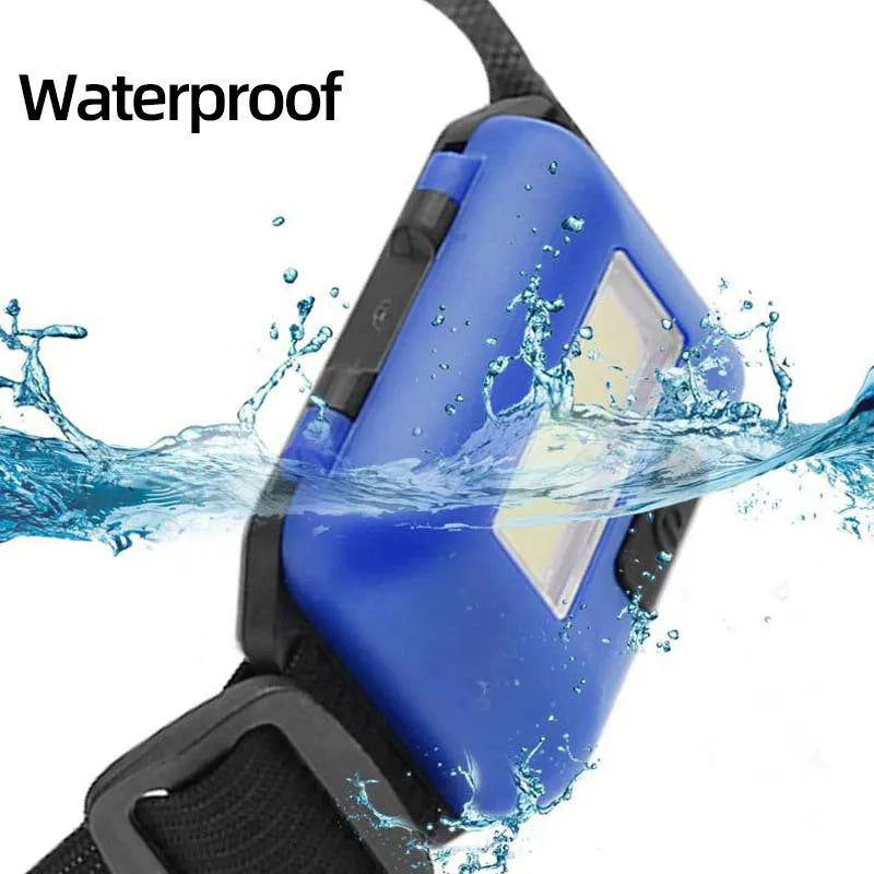 Small blue outdoor LED headlight with adjustable polyester strap on a dark background.