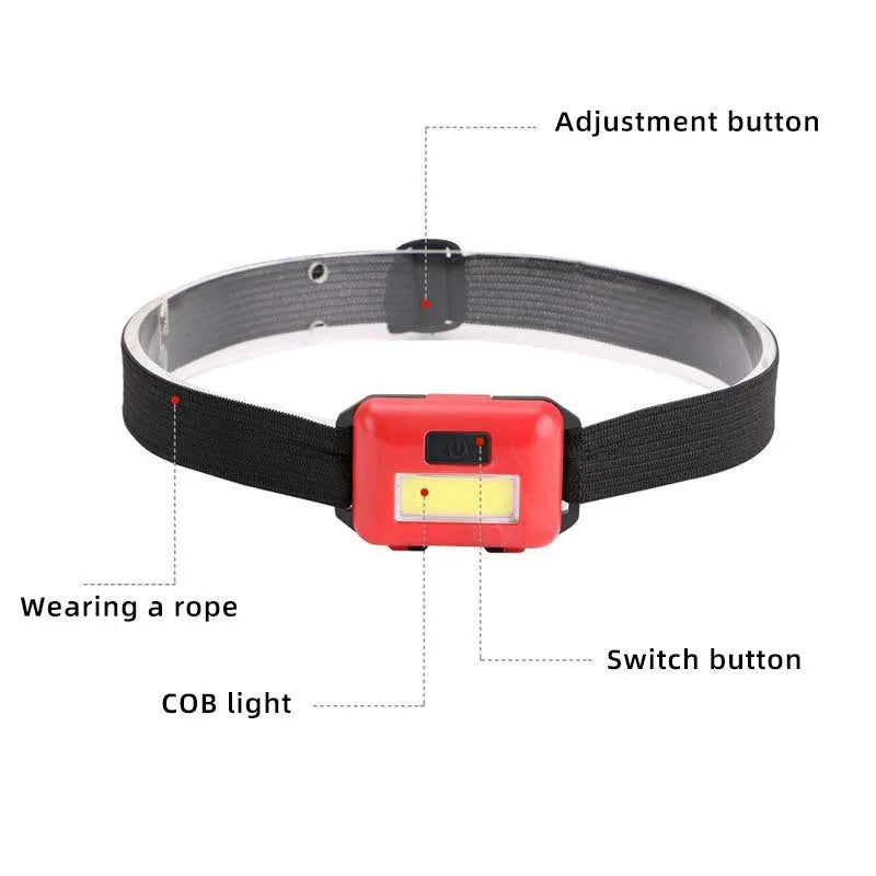 Small blue outdoor LED headlight with adjustable polyester strap on a dark background.
