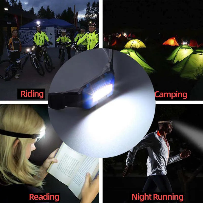 Small blue outdoor LED headlight with adjustable polyester strap on a dark background.