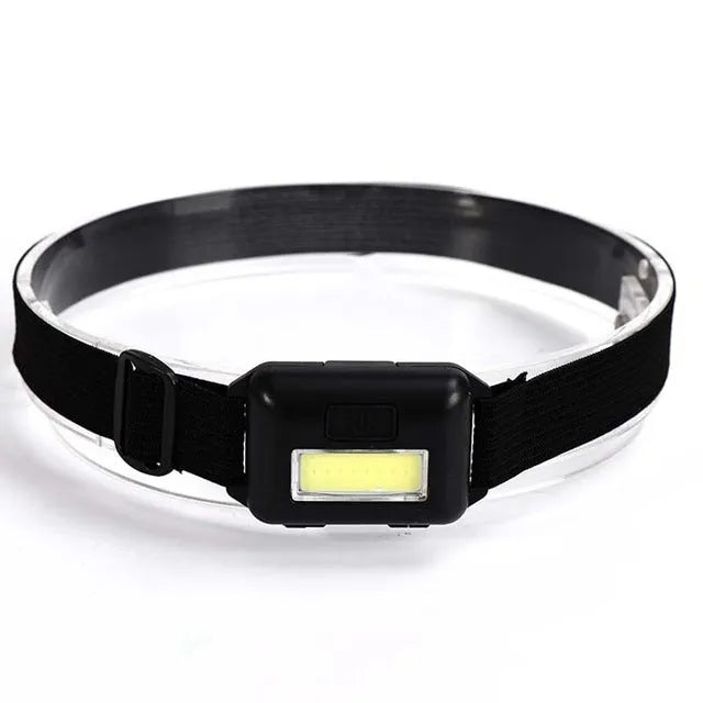 Small blue outdoor LED headlight with adjustable polyester strap on a dark background.