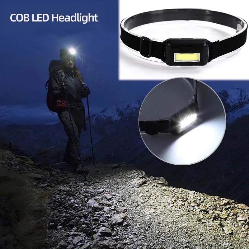 Small blue outdoor LED headlight with adjustable polyester strap on a dark background.