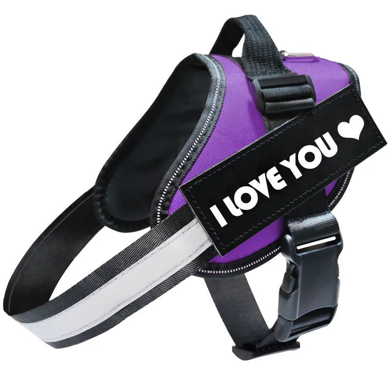 Reflective dog leash and harness set in black polyester with adjustable chest strap on a neutral background