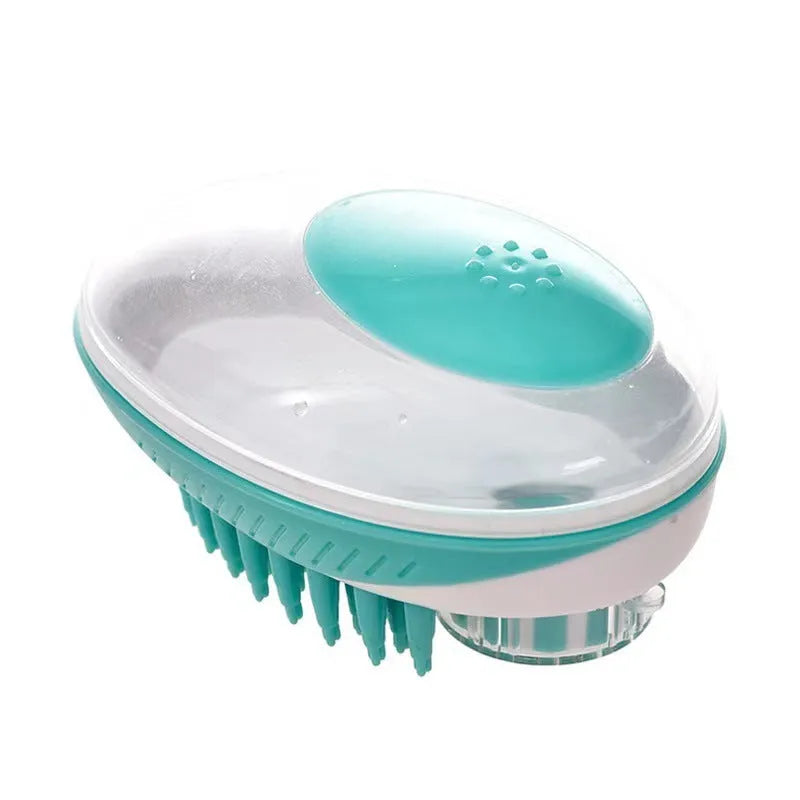 Pet bath brush with silicone bristles and liquid storage for cats and dogs in blue