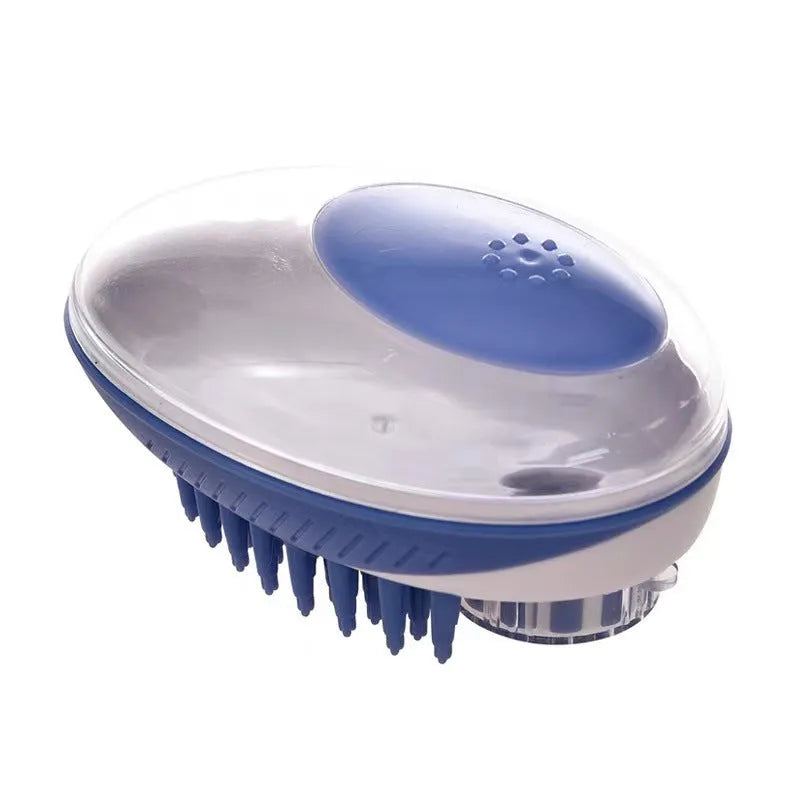 Pet bath brush with silicone bristles and liquid storage for cats and dogs in blue