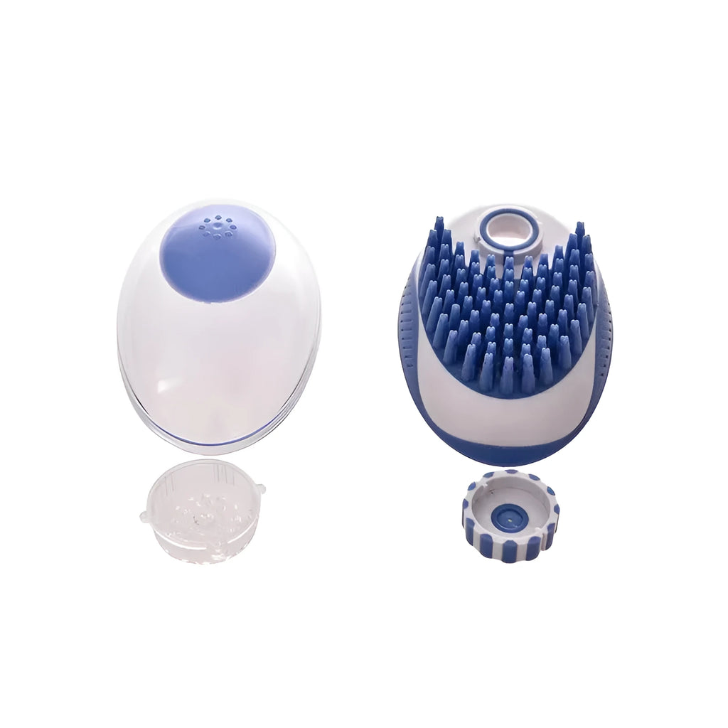 Pet bath brush with silicone bristles and liquid storage for cats and dogs in blue