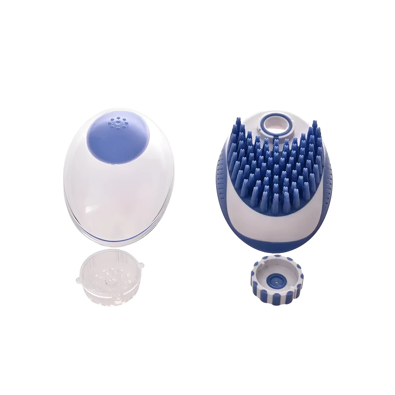 Pet bath brush with silicone bristles and liquid storage for cats and dogs in blue