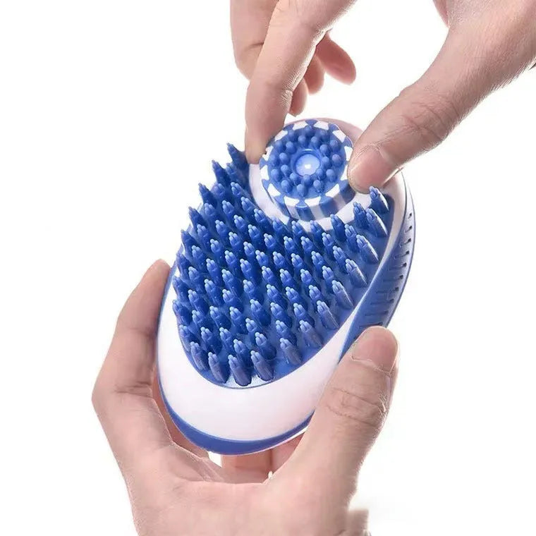 Pet bath brush with silicone bristles and liquid storage for cats and dogs in blue