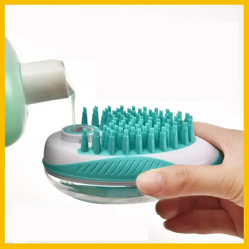 Pet bath brush with silicone bristles and liquid storage for cats and dogs in blue
