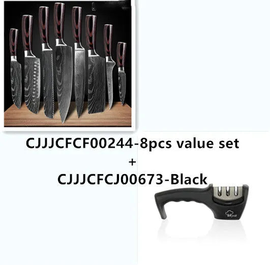 7Cr17 stainless steel kitchen knife with laser Damascus pattern blade and coloured wood handle