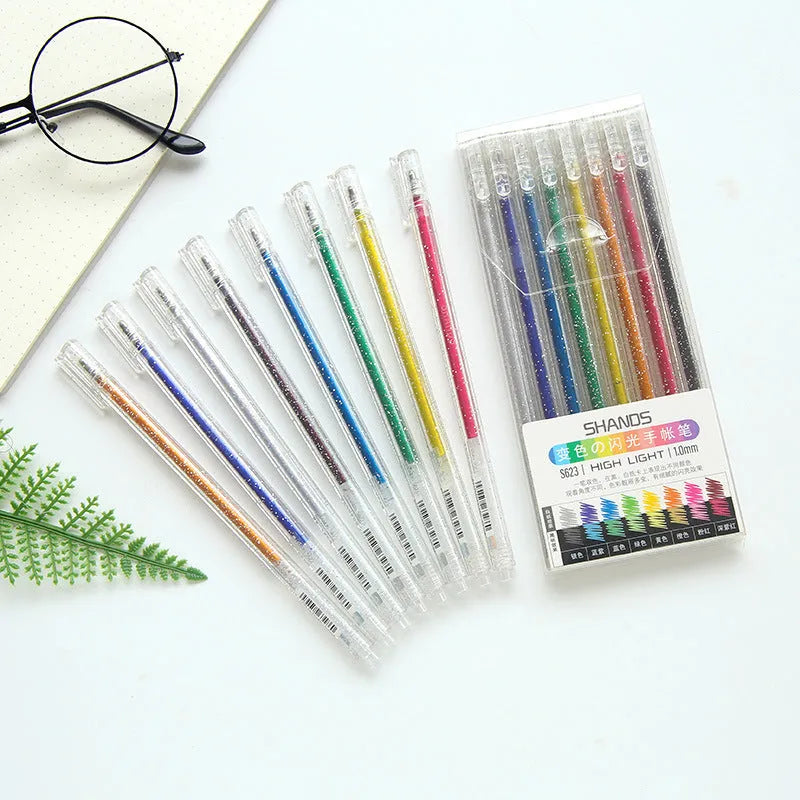 Shanzhi 623 colour-changing flashing hand account pens, 8 pens per box, 16 cm plastic body