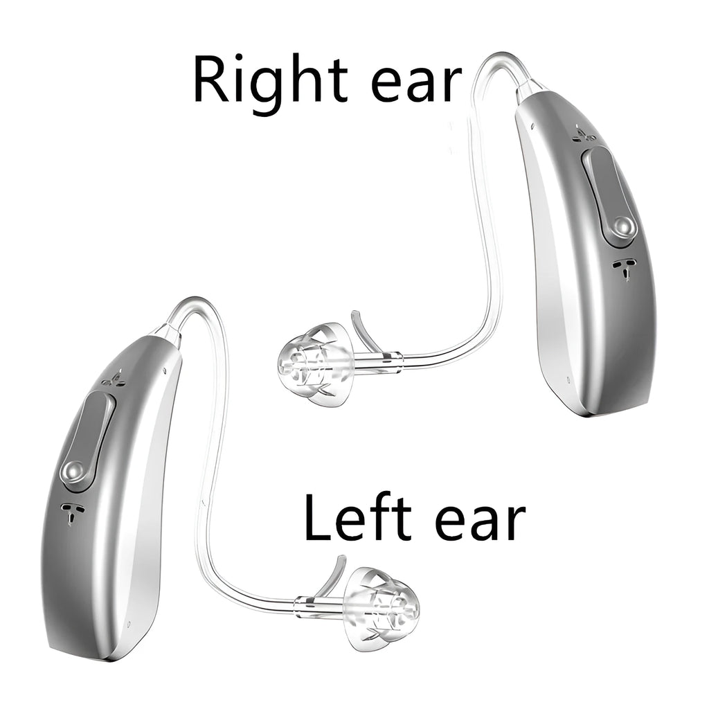 Wireless invisible hearing aid with rechargeable battery and USB charging case, available in binaural or single ear options