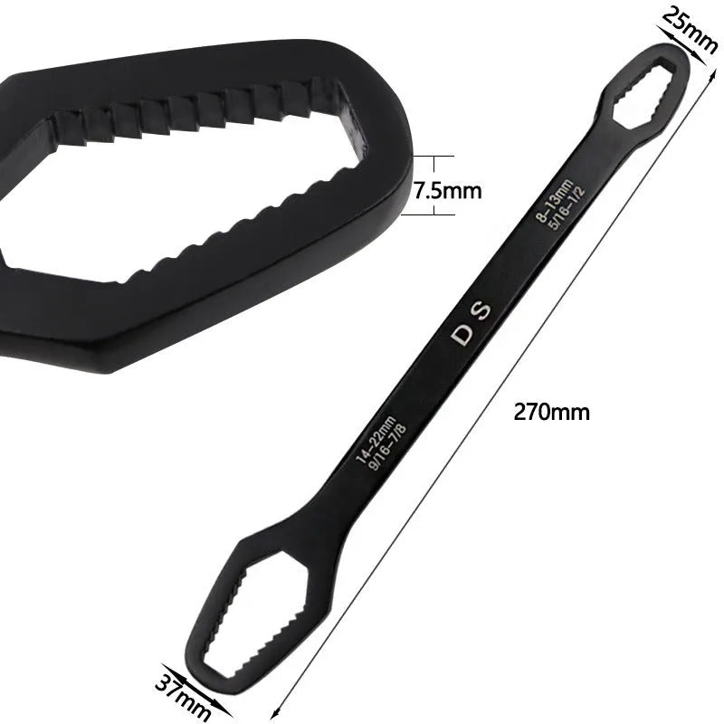 Two-end dual-use special-shaped flat-head wrench in chrome vanadium steel, 270mm length, black or white finish