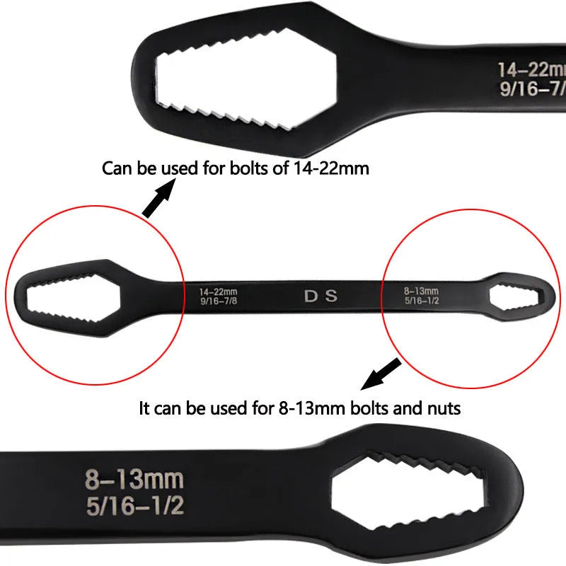 Two-end dual-use special-shaped flat-head wrench in chrome vanadium steel, 270mm length, black or white finish