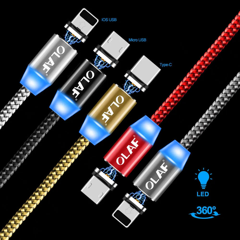 Three-in-one magnetic charging cable with USB, 8PIN, and Type-C ends, 1m length, in black