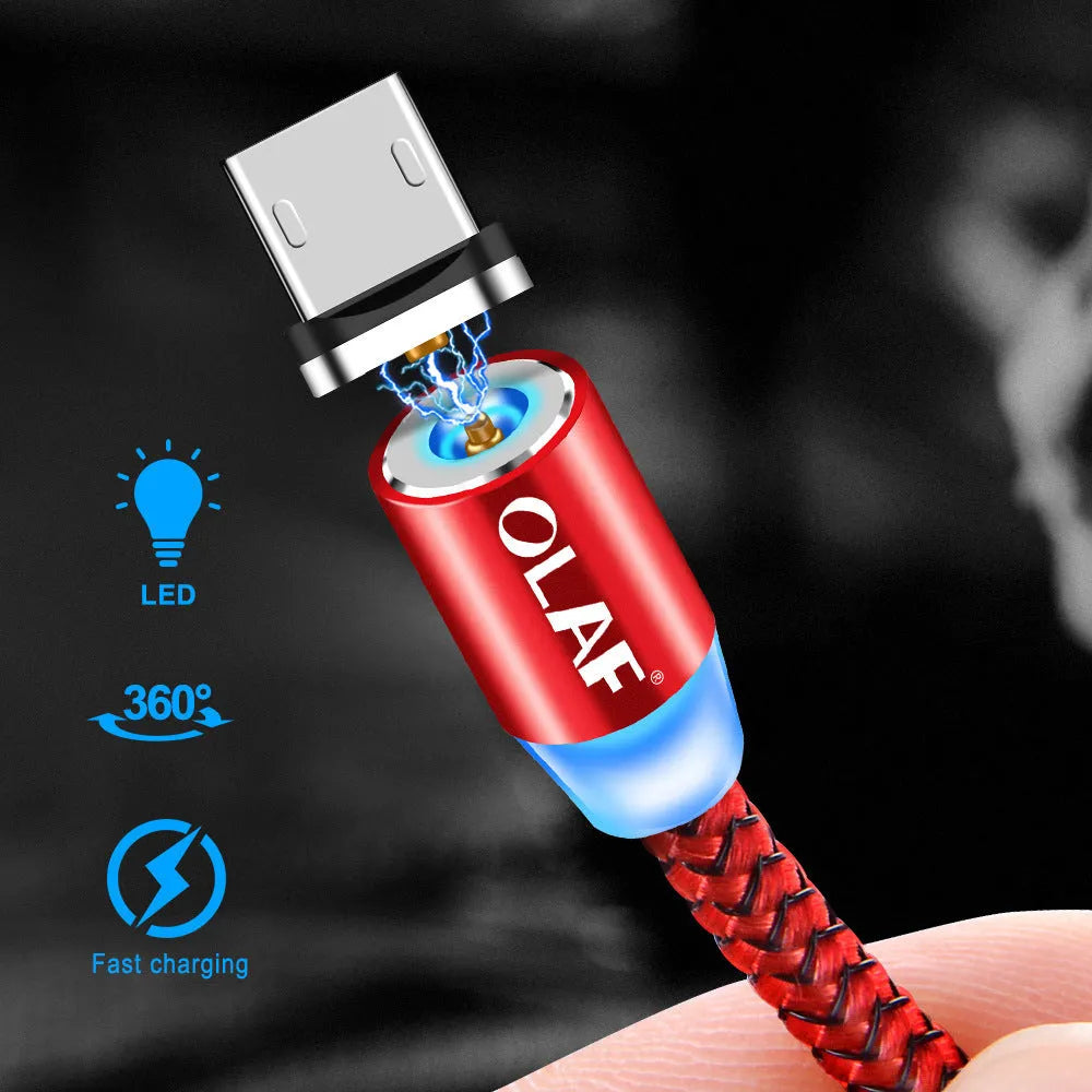 Three-in-one magnetic charging cable with USB, 8PIN, and Type-C ends, 1m length, in black