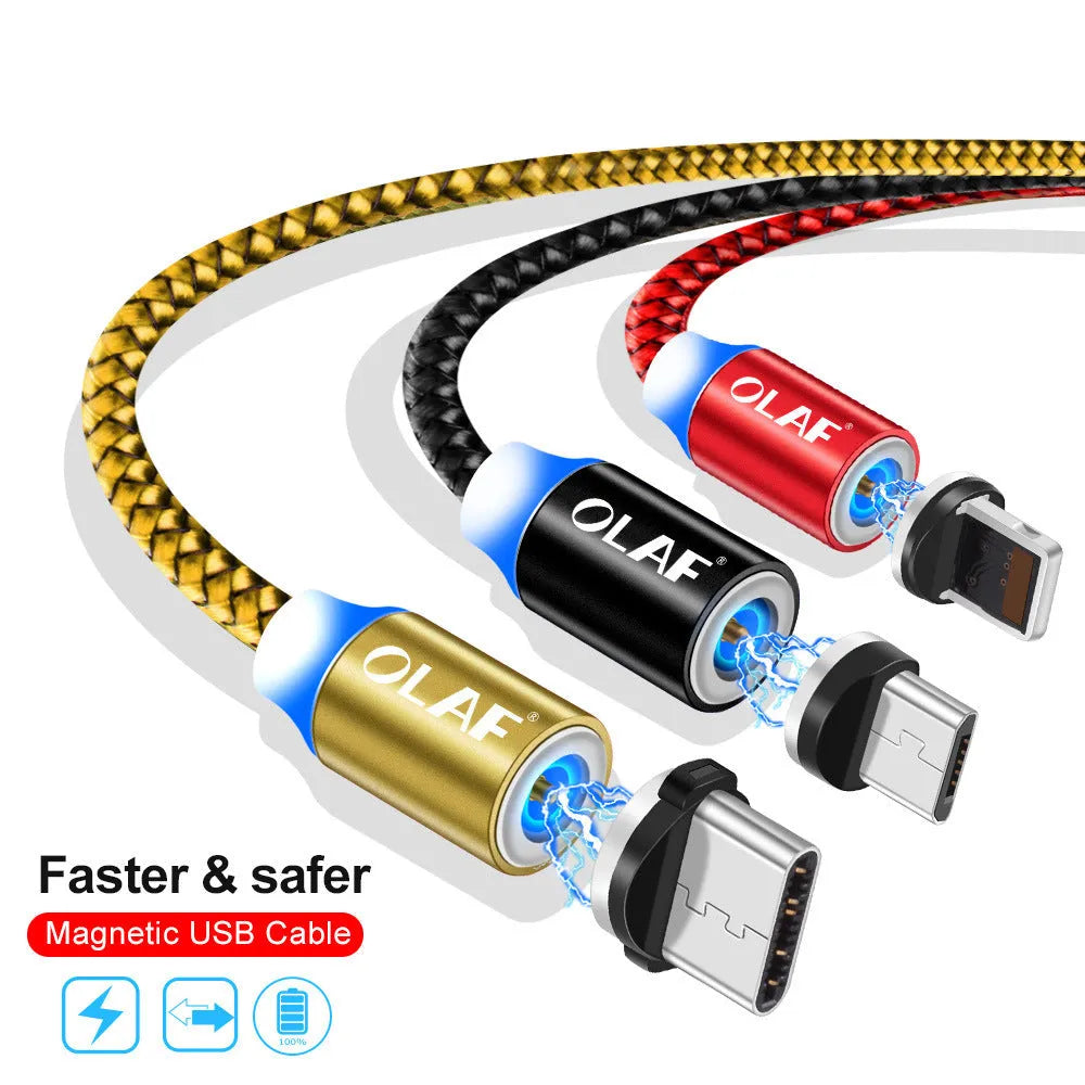 Three-in-one magnetic charging cable with USB, 8PIN, and Type-C ends, 1m length, in black
