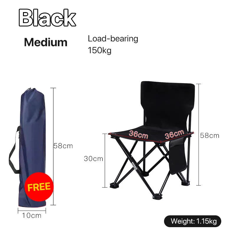 Portable folding chair with backrest in black for outdoor fishing or painting use