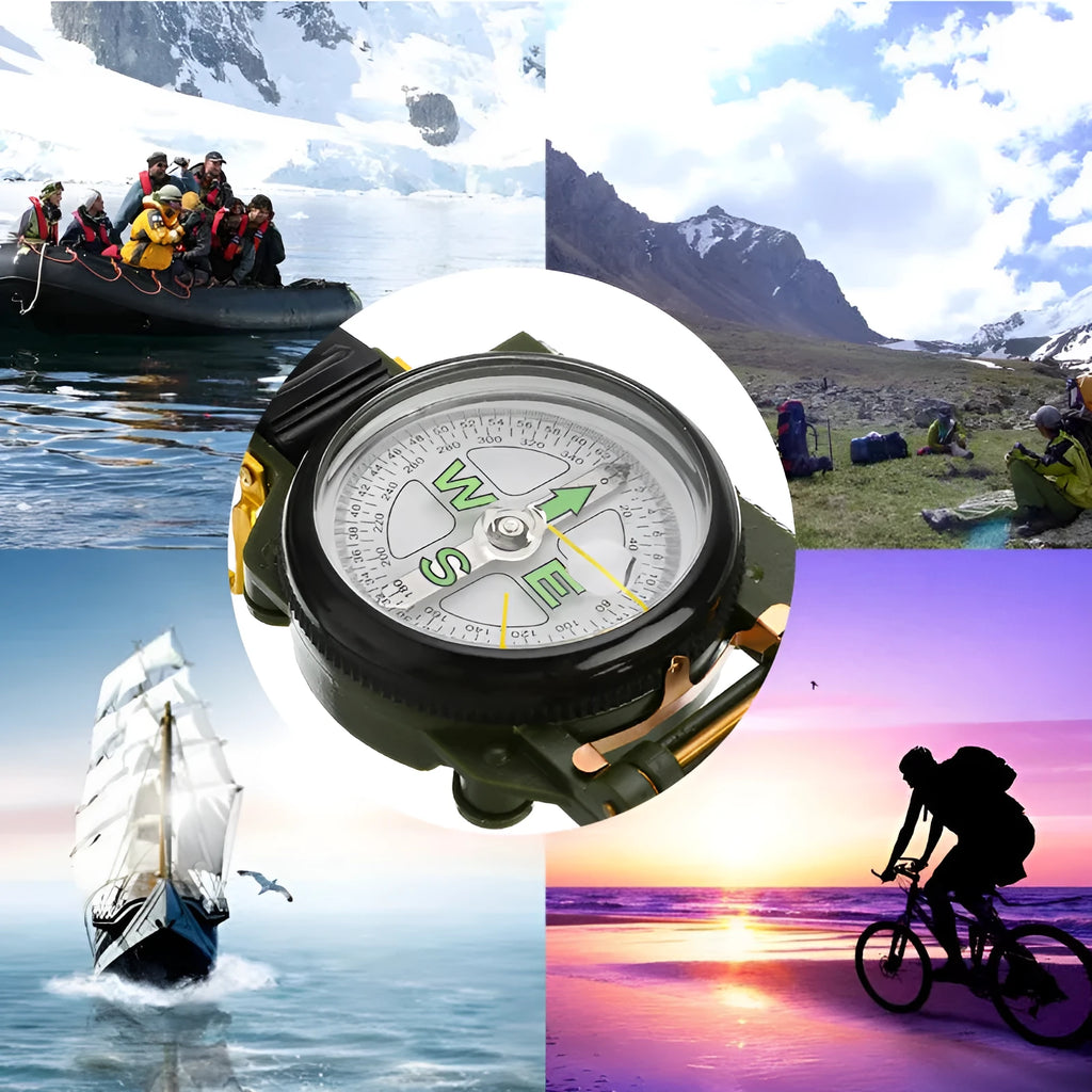 Army yellow outdoor camping compass with carabiner clip on a metal background