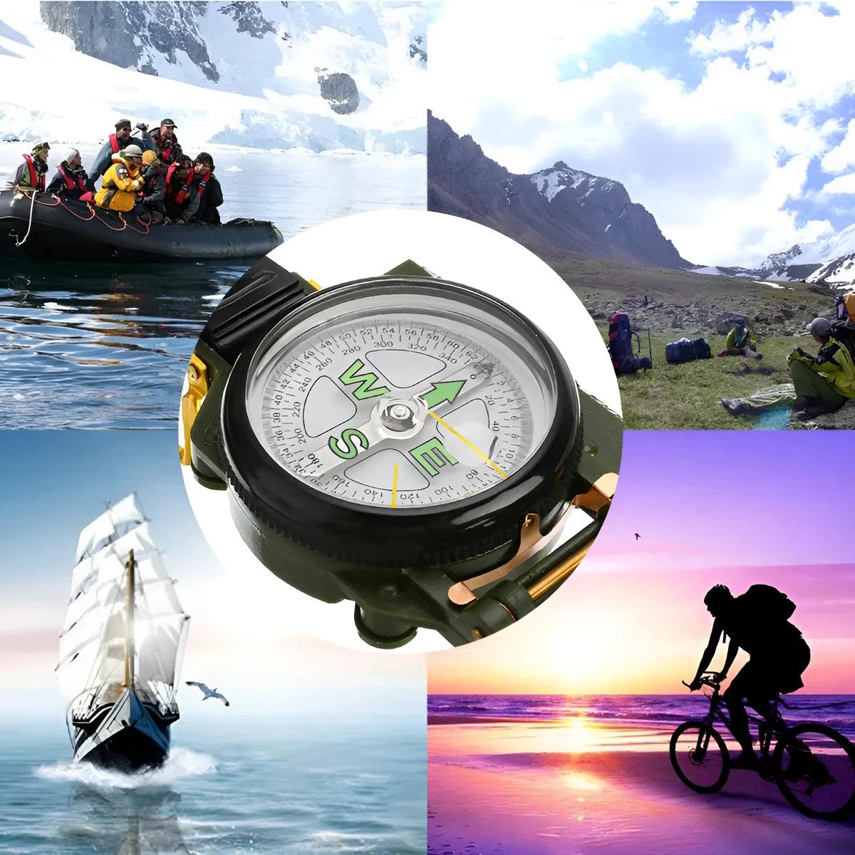 Army yellow outdoor camping compass with carabiner clip on a metal background