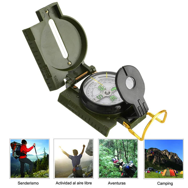 Army yellow outdoor camping compass with carabiner clip on a metal background