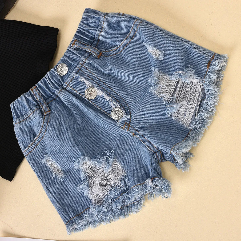 Children's cotton striped top with dot mesh sleeves and ripped denim shorts suit in black on a child