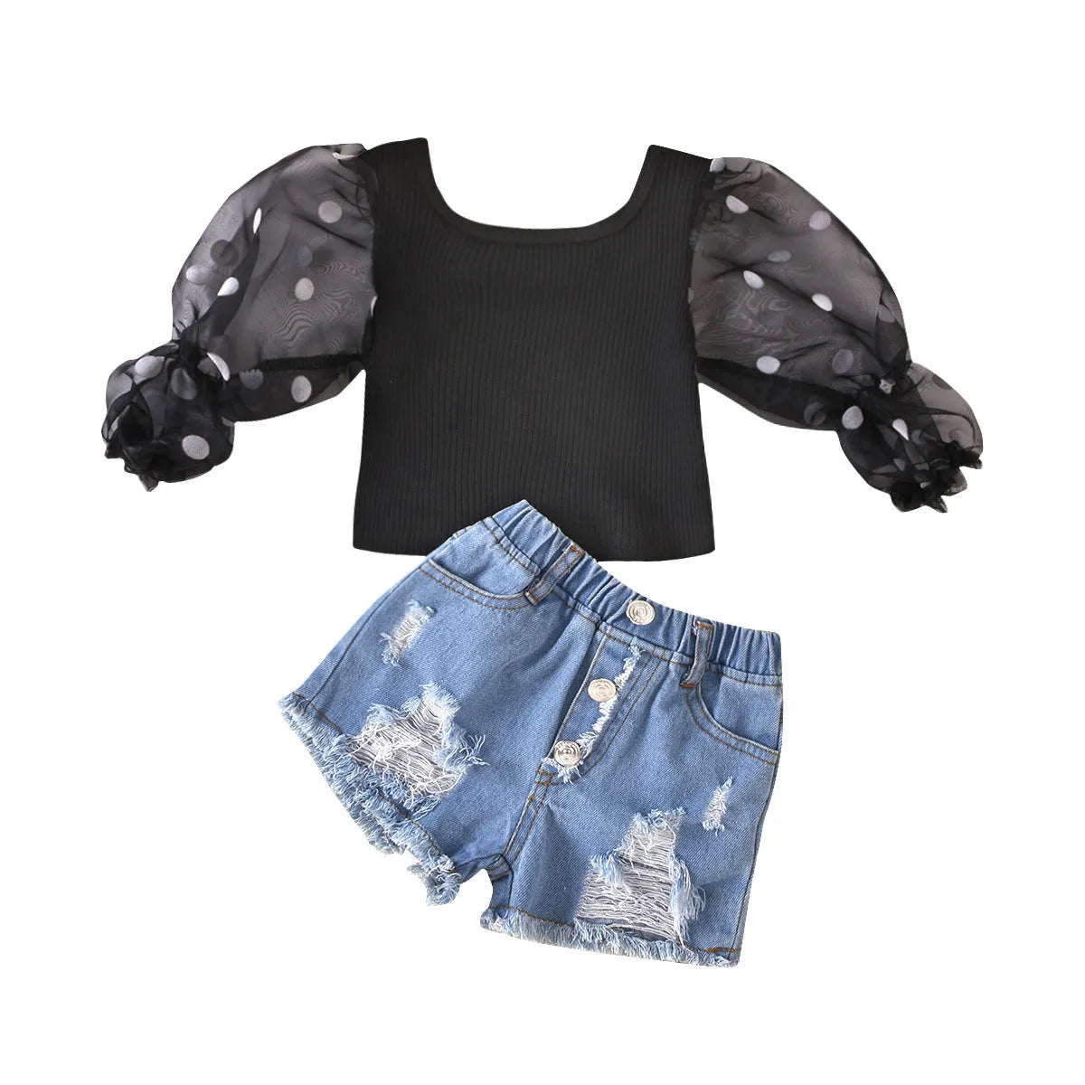 Children's cotton striped top with dot mesh sleeves and ripped denim shorts suit in black on a child