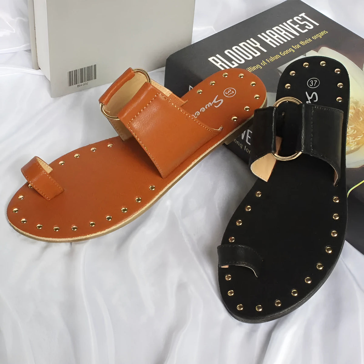 Women's flat sandals with rivet detailing, artificial PU upper, black and brown, sizes 36-43