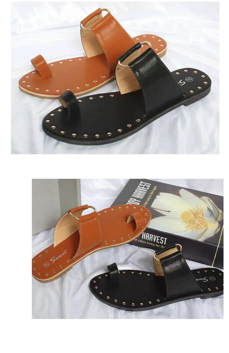 Women's flat sandals with rivet detailing, artificial PU upper, black and brown, sizes 36-43