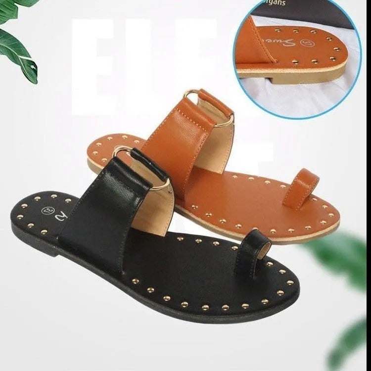 Women's flat sandals with rivet detailing, artificial PU upper, black and brown, sizes 36-43