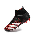 Black high-top student training football shoes with PU upper and long nails on grass