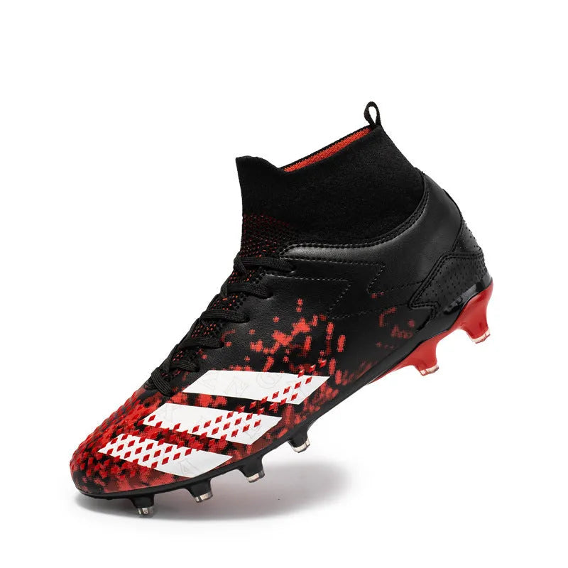 Black high-top student training football shoes with PU upper and long nails on grass