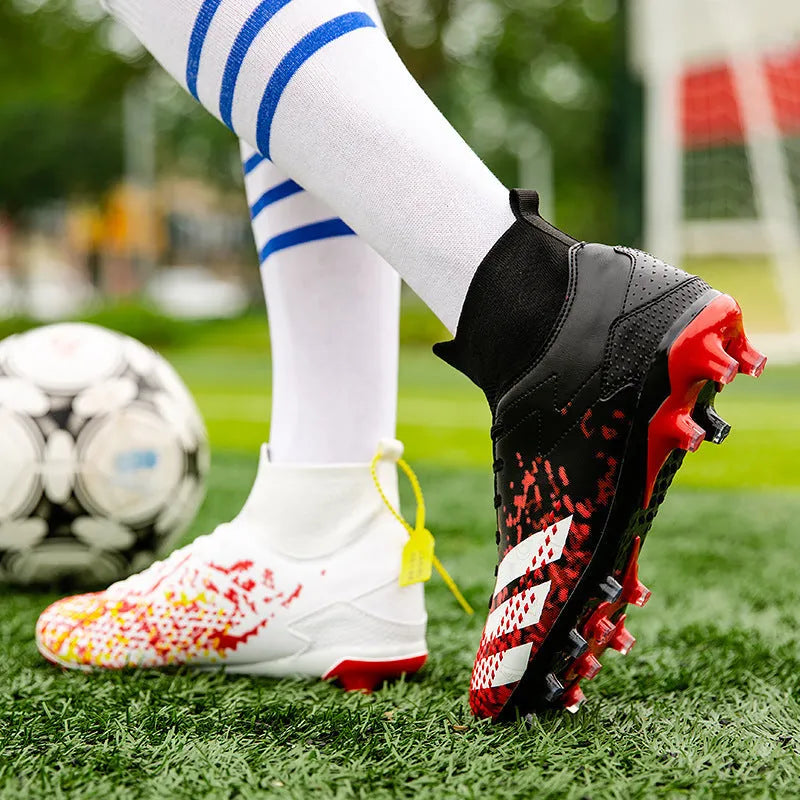 Black high-top student training football shoes with PU upper and long nails on grass