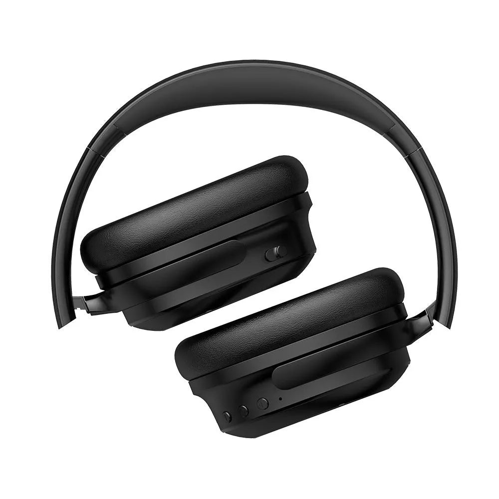 Head-mounted noise-cancelling wireless headphones in black with Bluetooth 5.0 and battery display