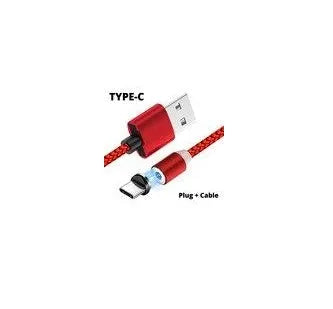 Black and red magnetic USB charging cable with detachable Type C, Micro USB, and iOS connector tips.