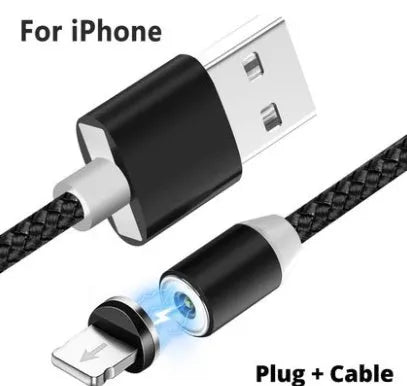 Black and red magnetic USB charging cable with detachable Type C, Micro USB, and iOS connector tips.
