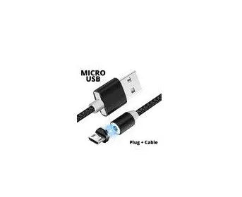 Black and red magnetic USB charging cable with detachable Type C, Micro USB, and iOS connector tips.
