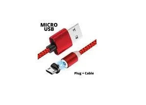 Black and red magnetic USB charging cable with detachable Type C, Micro USB, and iOS connector tips.