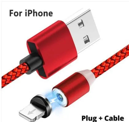 Black and red magnetic USB charging cable with detachable Type C, Micro USB, and iOS connector tips.