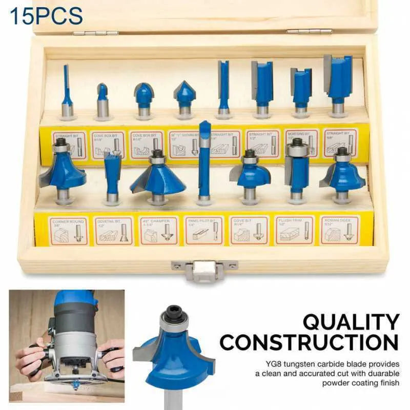 5-piece milling cutter set for woodworking with multiple handle colour options