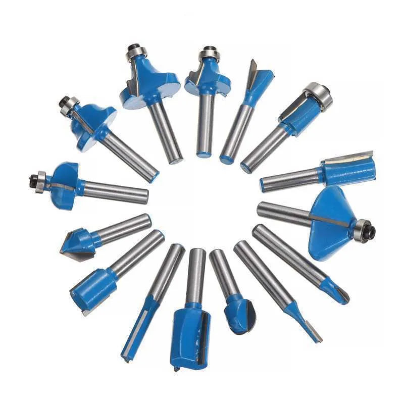 5-piece milling cutter set for woodworking with multiple handle colour options