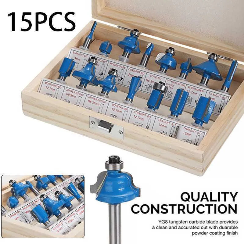 5-piece milling cutter set for woodworking with multiple handle colour options