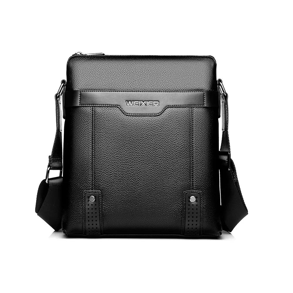 Black medium-sized men's PU leather shoulder bag with zip and adjustable strap
