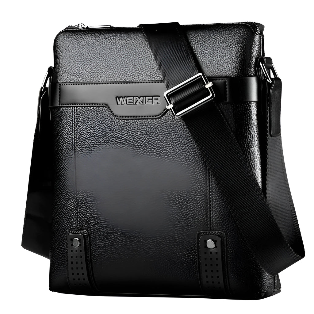Men's casual PU leather shoulder bag in square vertical shape with zipper closure, 28x25x6cm, black colour