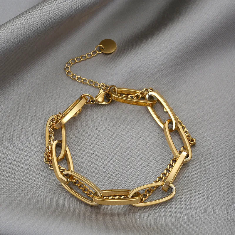 316L stainless steel double-layer geometry bracelet in gold for women hip-hop style